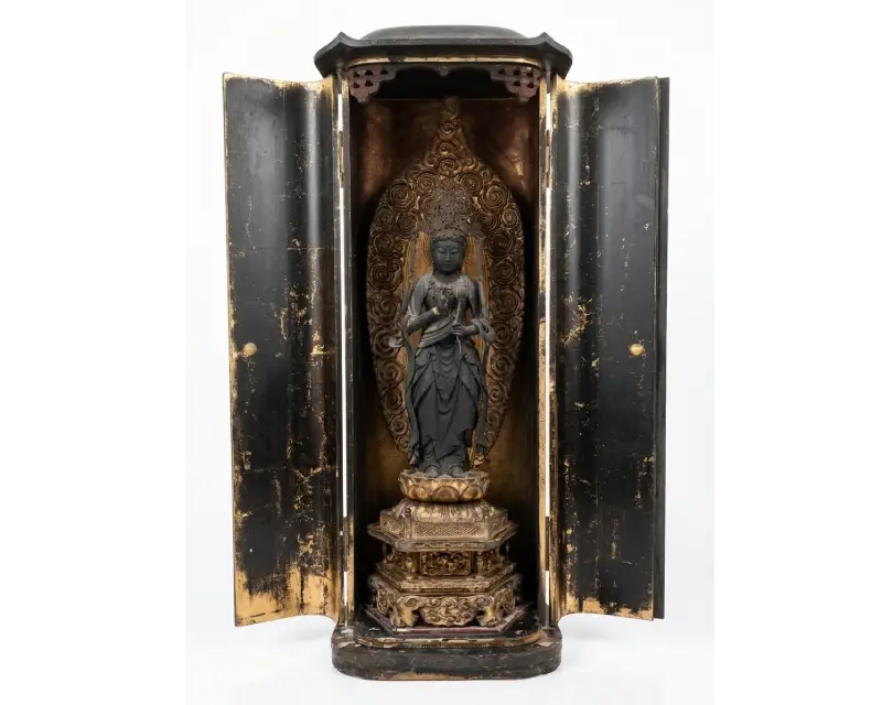 厨子入りの仏像（黒漆塗・寛政六年七月　佛師銘）の買取実績｜宮殿型光背｜神奈川県 古美術もりた