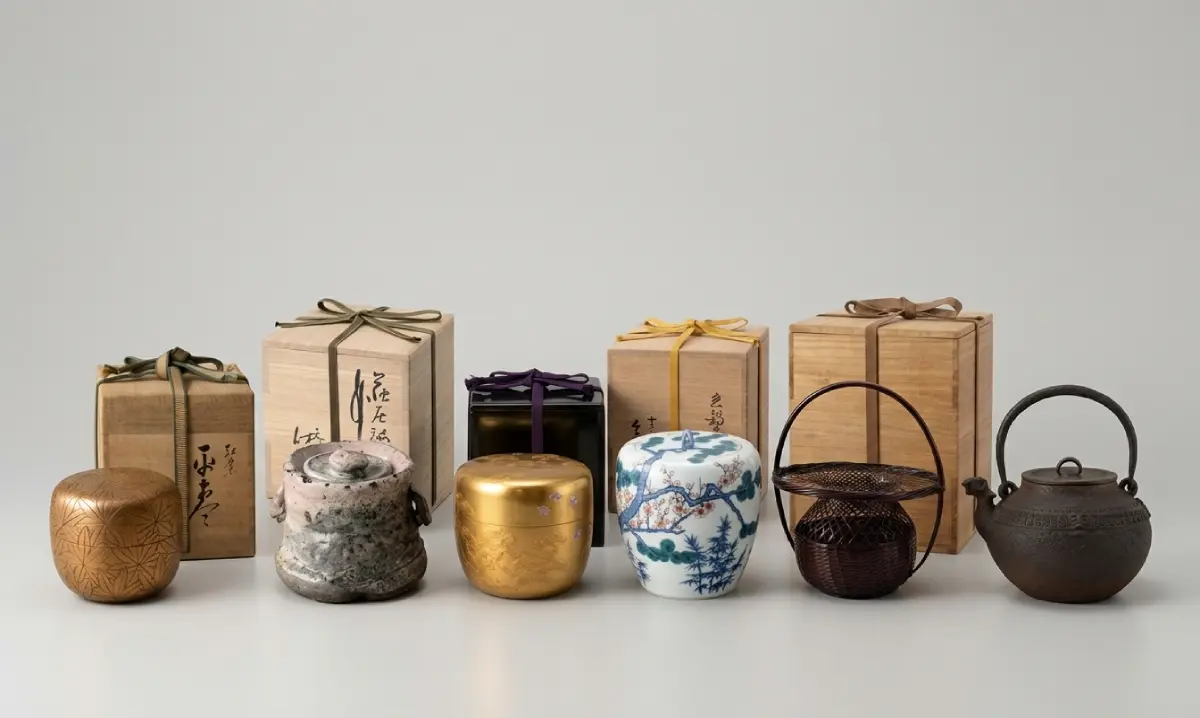 一軒のお宅からお買取りした茶道具のうちの6点と桐の共箱。左から紅葉の平棗、萩焼の水指、金地の蒔絵棗、色鍋島の水指、竹の花籠、鉄瓶