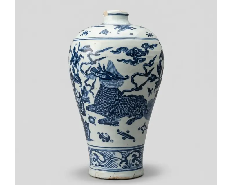元代青花 麒麟雑宝文梅瓶の買取実績｜伏せた麒麟と雑宝文・裾に波濤文を描いた青花の梅瓶｜東京都渋谷区 古美術もりた