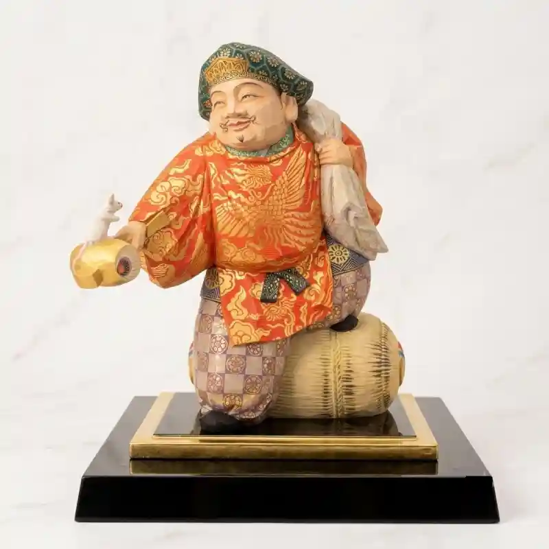 平野富山 彩色木彫の大黒天(打ち出の小槌と大袋、米俵に鼠)——木彫り・彫刻の買取例