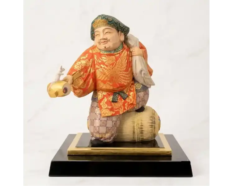 平野富山 彩色木彫の大黒天（打ち出の小槌と大袋、米俵に鼠）— 木彫り・彫刻の買取例