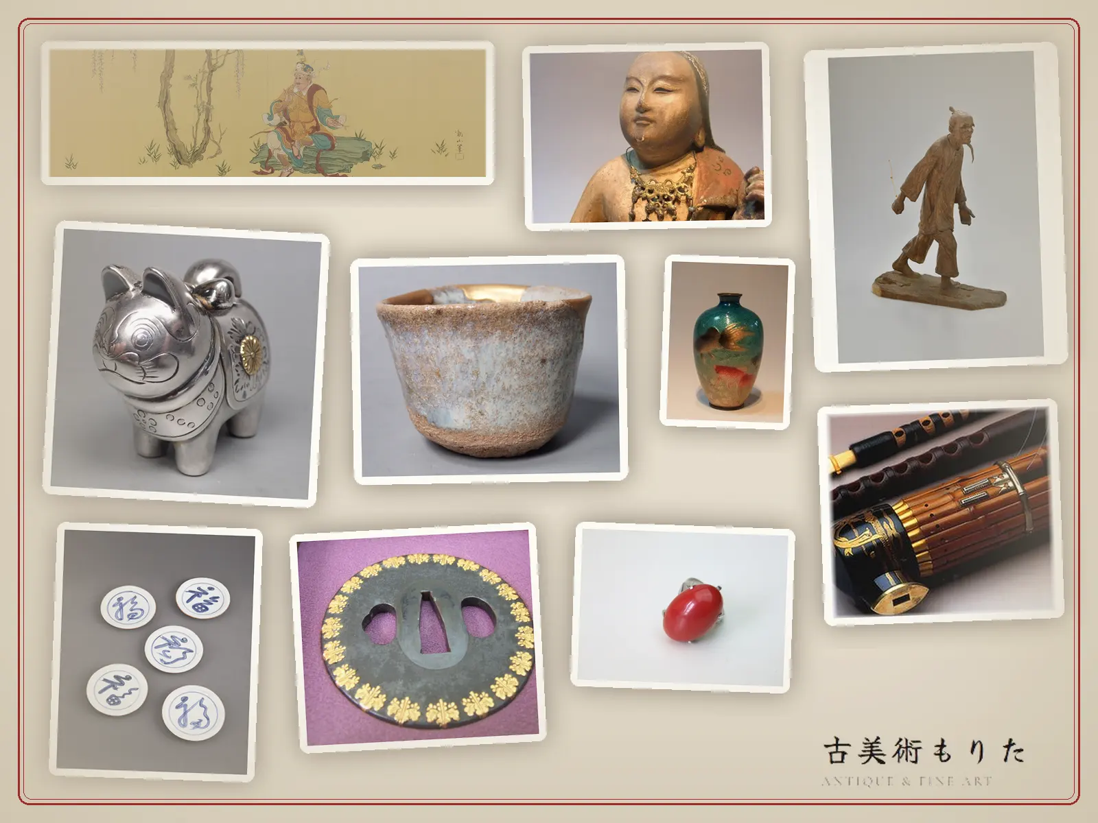 古美術もりた 目黒区での遺品買取実績。掛軸・木彫仏像・銀製置物・茶碗・七宝花瓶・人物像・古銭・鐔（刀装具）・珊瑚指輪・尺八など、多様な骨董品・美術品の写真を一覧で紹介