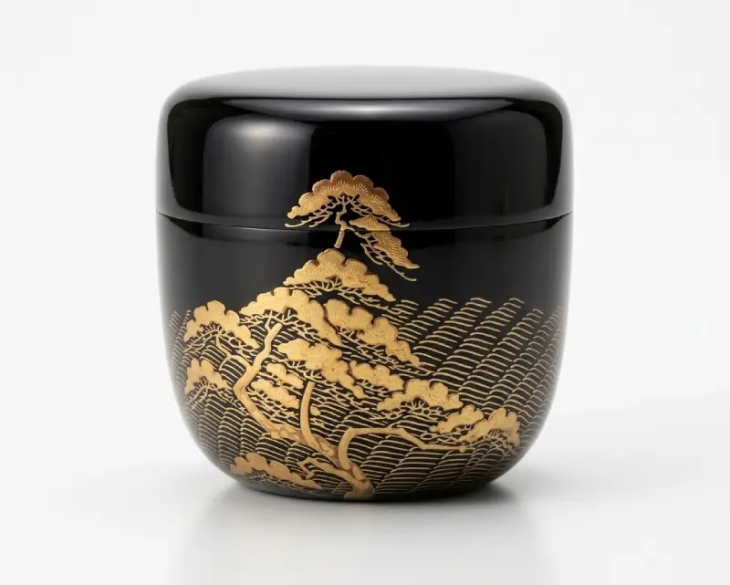 川端近左　松波蒔絵 大棗の買取実績｜黒漆の大棗に松と波を金蒔絵であらわした棗｜東京都国分寺市 古美術もりた