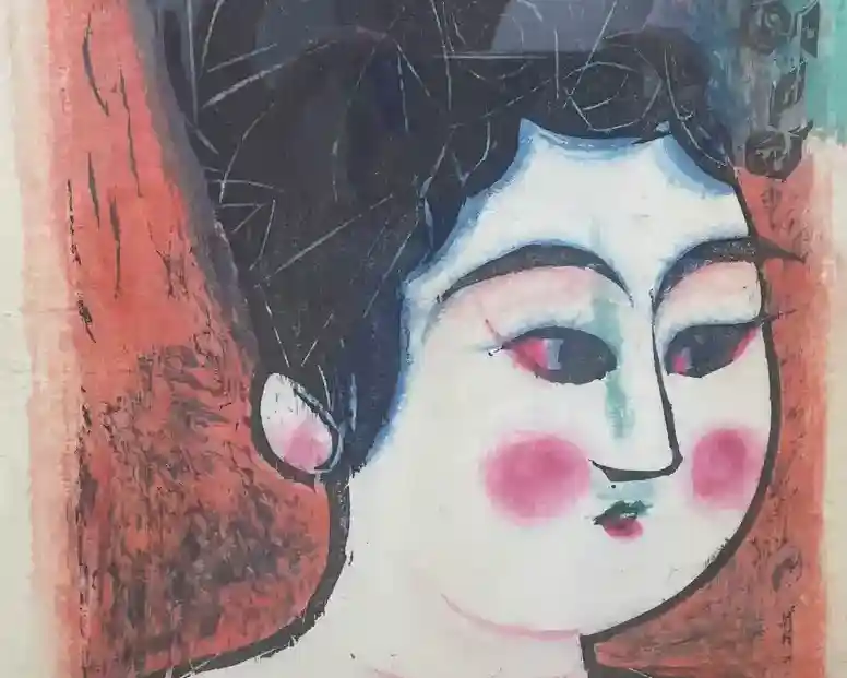 棟方志功作　板画（女人像）｜高く結い上げた黒髪と朱の頬紅で描かれた女人板画｜絵画の取り扱い例｜古美術もりた