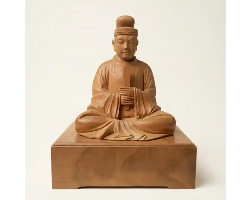高村光雲 木彫の坐像（丸帽子をかぶり、経巻を手にした結跏趺坐の人物像）— 木彫り・彫刻の買取例