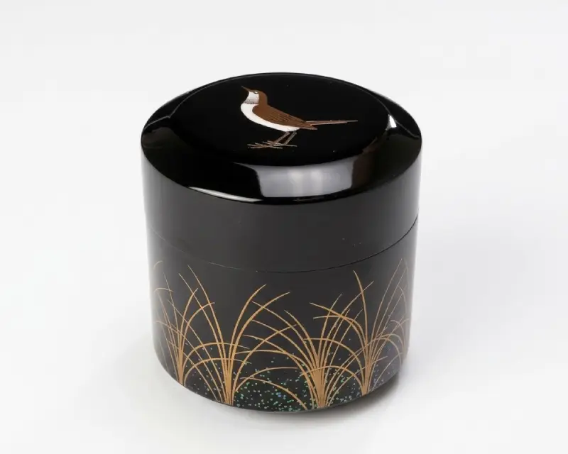 寺井直次　雪吹の買取実績｜蓋に小鳥・胴に金蒔絵の芒をあらわした黒漆の薄茶器｜東京都目黒区 古美術もりた
