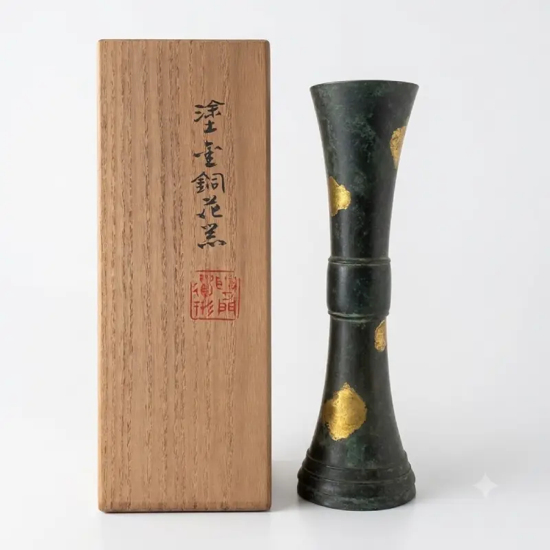 緑青地に塗金の金を散らした秦蔵六の銅花瓶と、署名・落款が記された桐の共箱